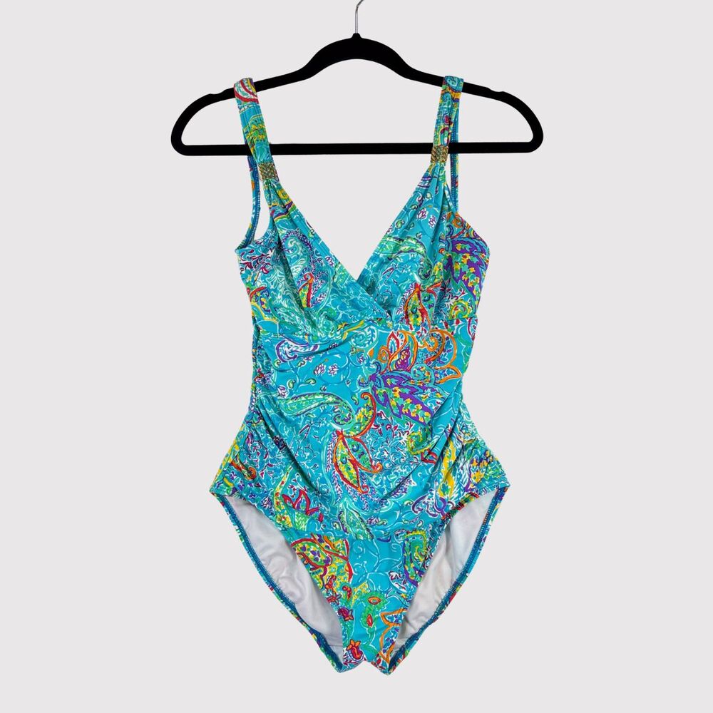 LRL Ralph Lauren Womens Swimsuit Blue Floral Paisley V Neck One Piece Boho M